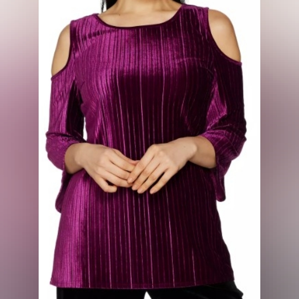 Dennis Basso Pleated Stretch Velvet Cold Shoulder Top and Pant - Deep Plum